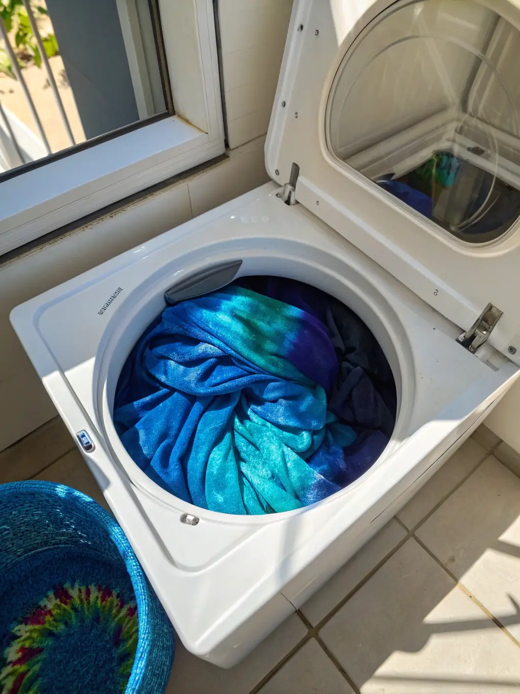 A close-up shot of a washing machine with a clear glass door, showcasing colorful clothes being gently washed inside, emphasizing the care taken with delicate items.
