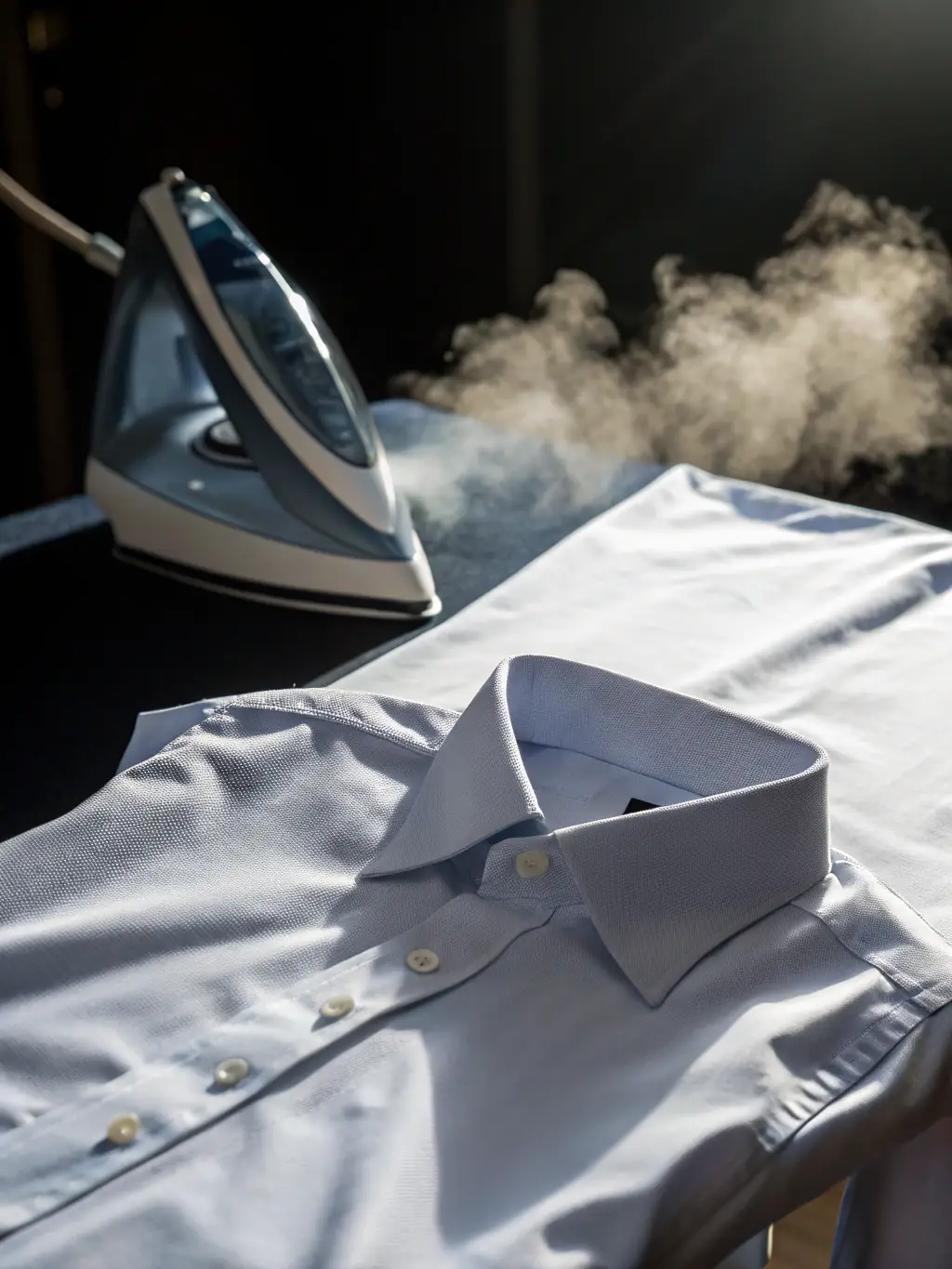 A professional ironing station with a crisp, freshly ironed shirt hanging, highlighting the meticulous ironing service offered by Aggies Cleaning and Laundry.