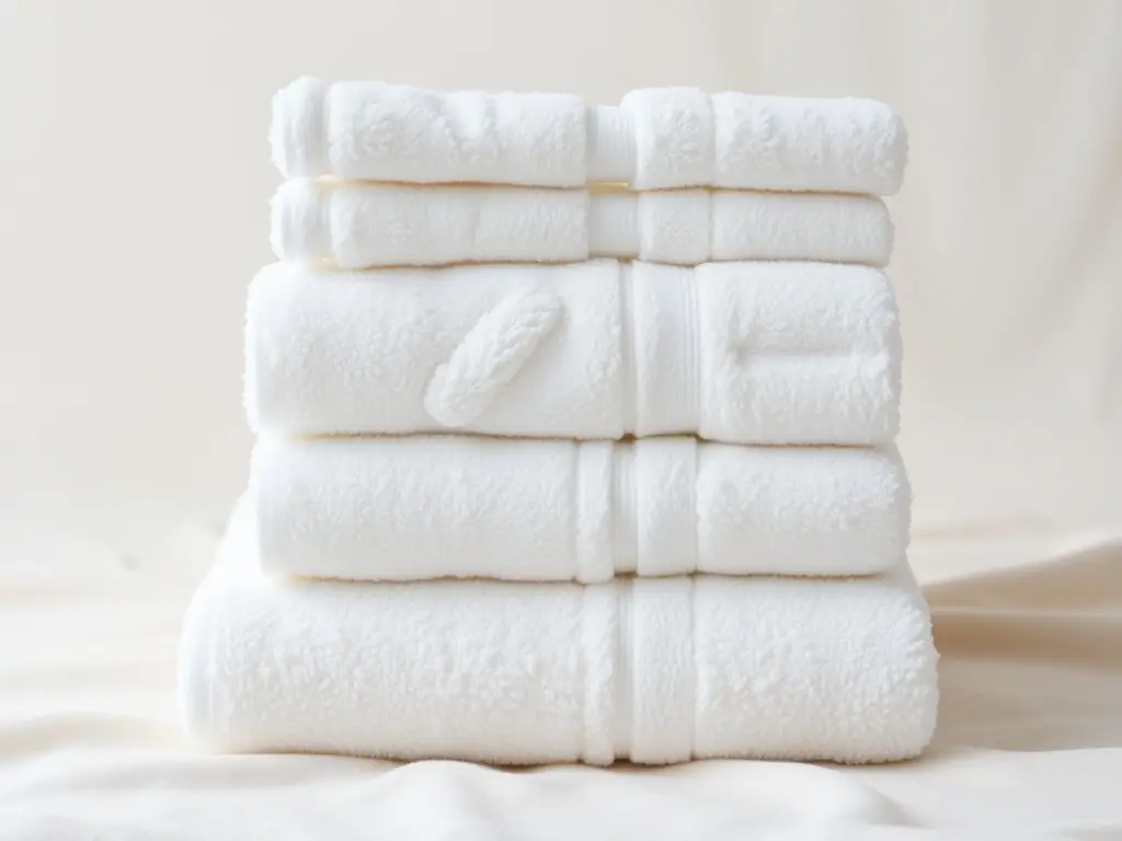 A close-up shot of freshly washed and neatly folded towels in a bright, organized laundry room, emphasizing cleanliness and care.