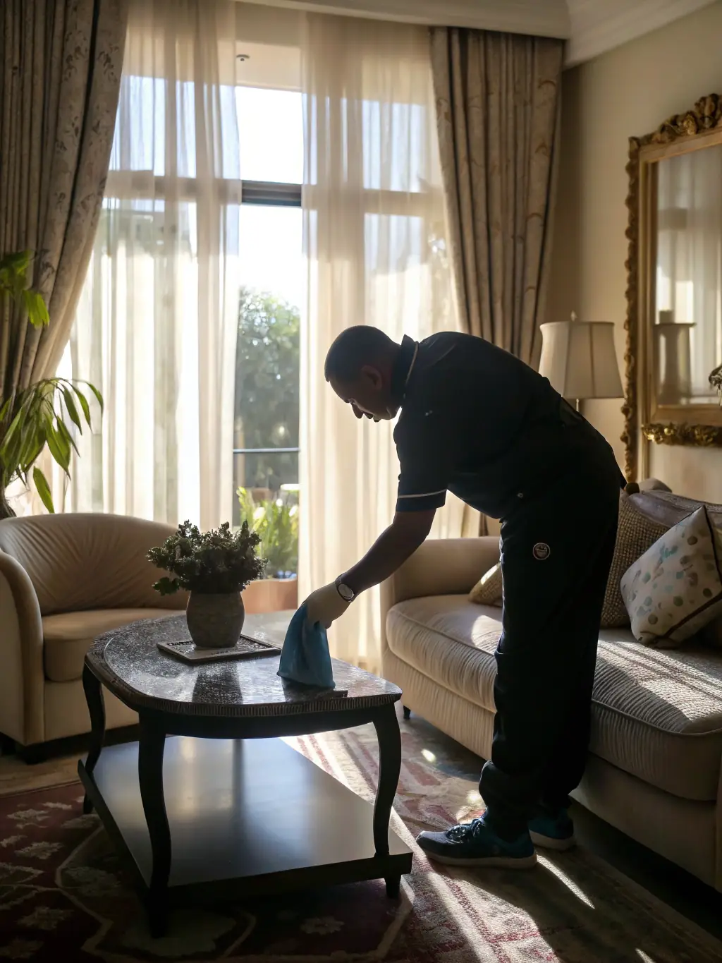 A brightly lit living room with a spotless floor, a freshly vacuumed rug, and a professional cleaner dusting a shelf, showcasing Aggies Cleaning and Laundry's commitment to comprehensive home cleaning.