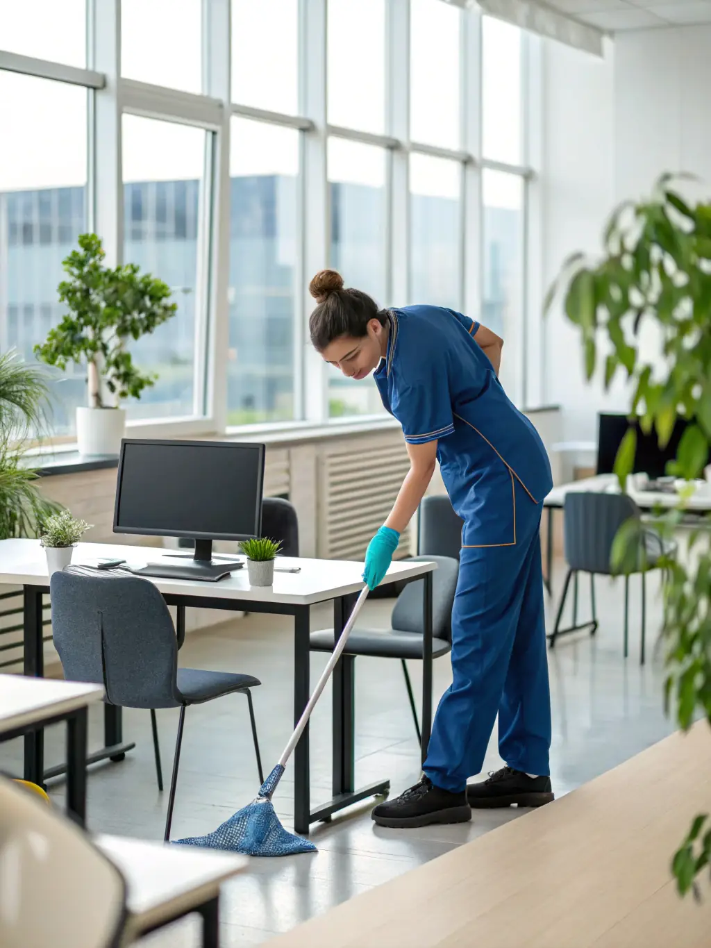 A specialized cleaning crew in protective gear, sanitizing a commercial space with advanced equipment, emphasizing Aggies Cleaning and Laundry's capability in handling specialized cleaning needs.