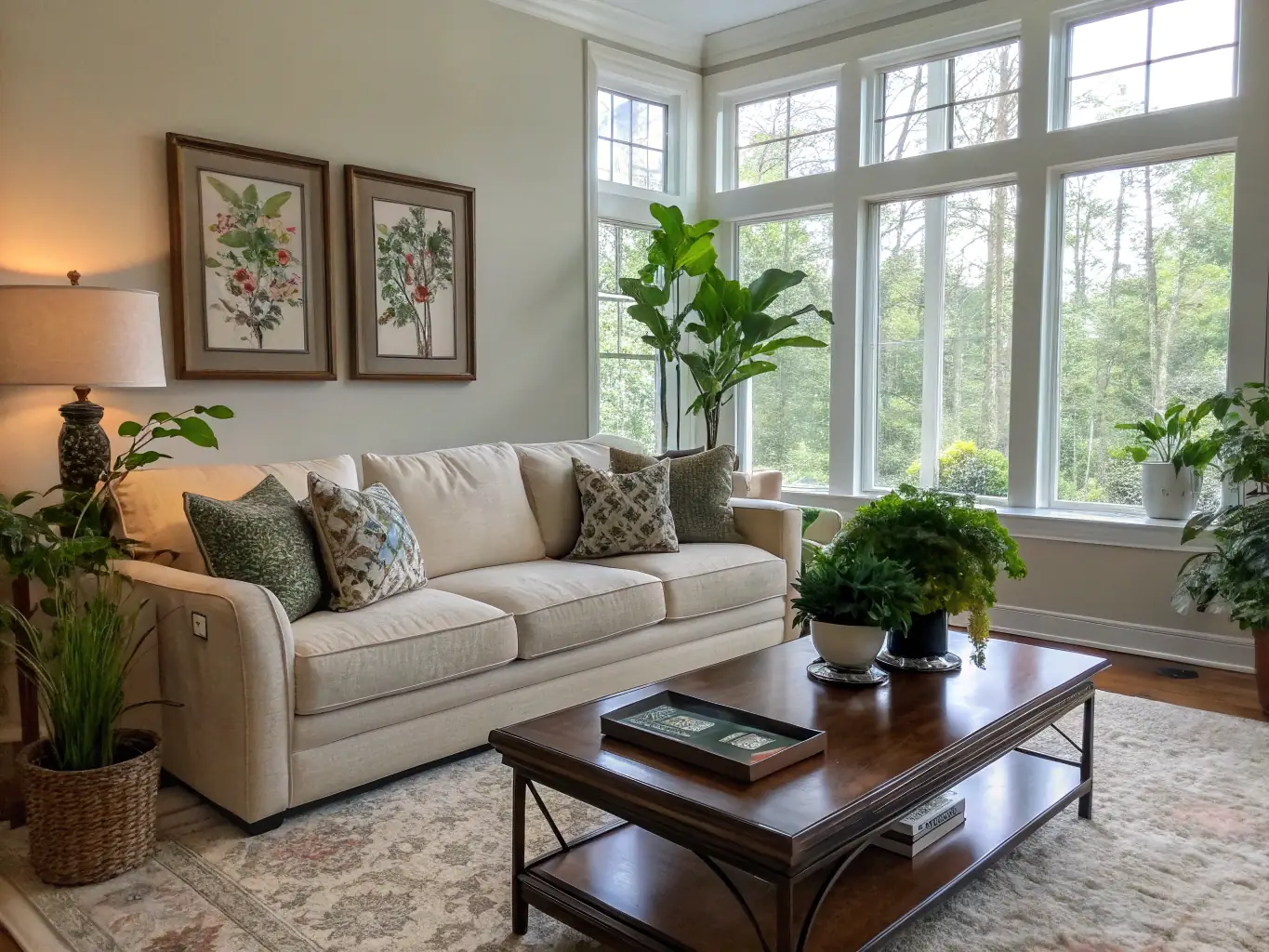 A brightly lit living room with a spotless coffee table and a neatly arranged sofa, showcasing the results of a routine cleaning service.